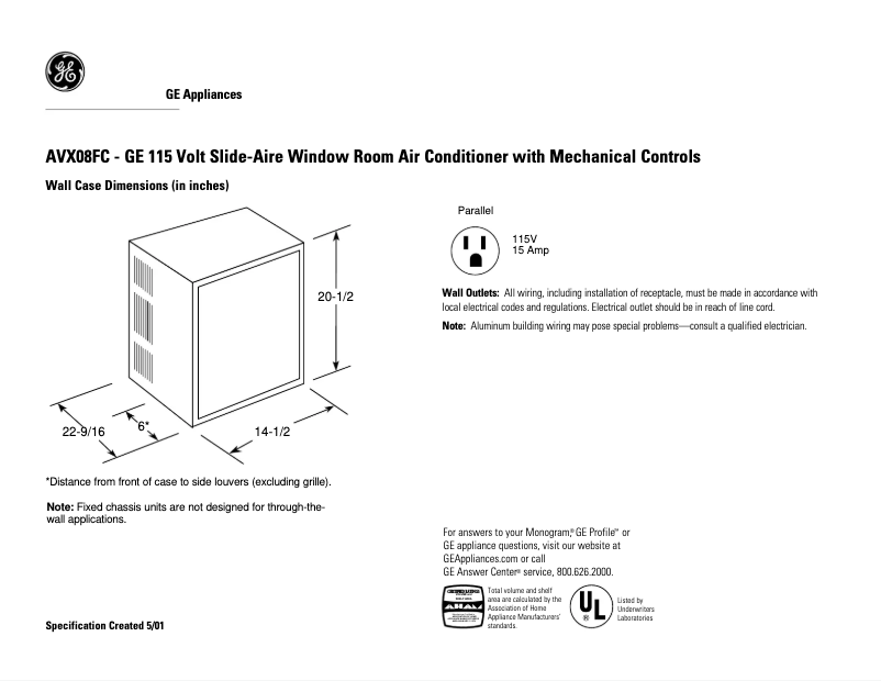 Page 1 of the manual Technical Sheet GE AVX08FC
