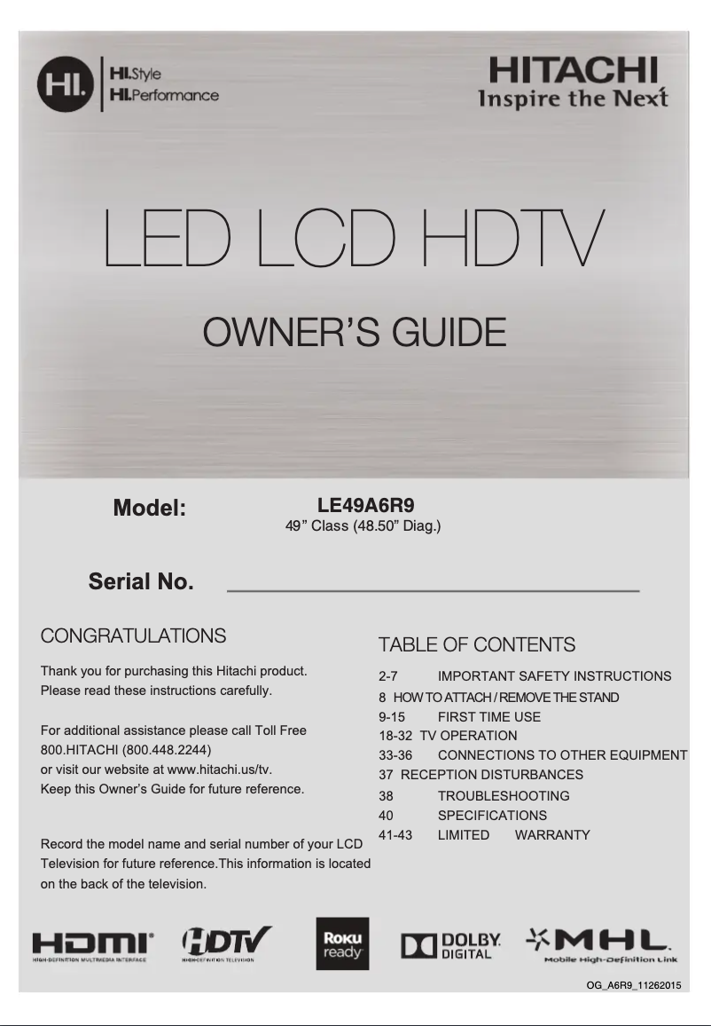 Page 1 of the manual User Manual Hitachi LE49A6R9