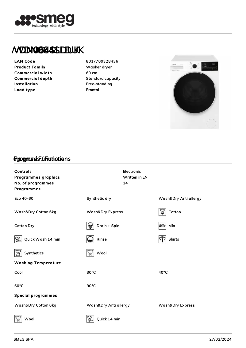 Page 1 of the manual Technical Sheet Smeg WDN064SLDUK