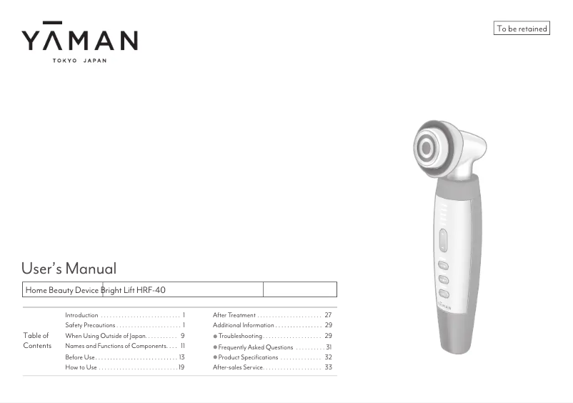 Page 1 of the manual User Manual YA-MAN Bright Lift