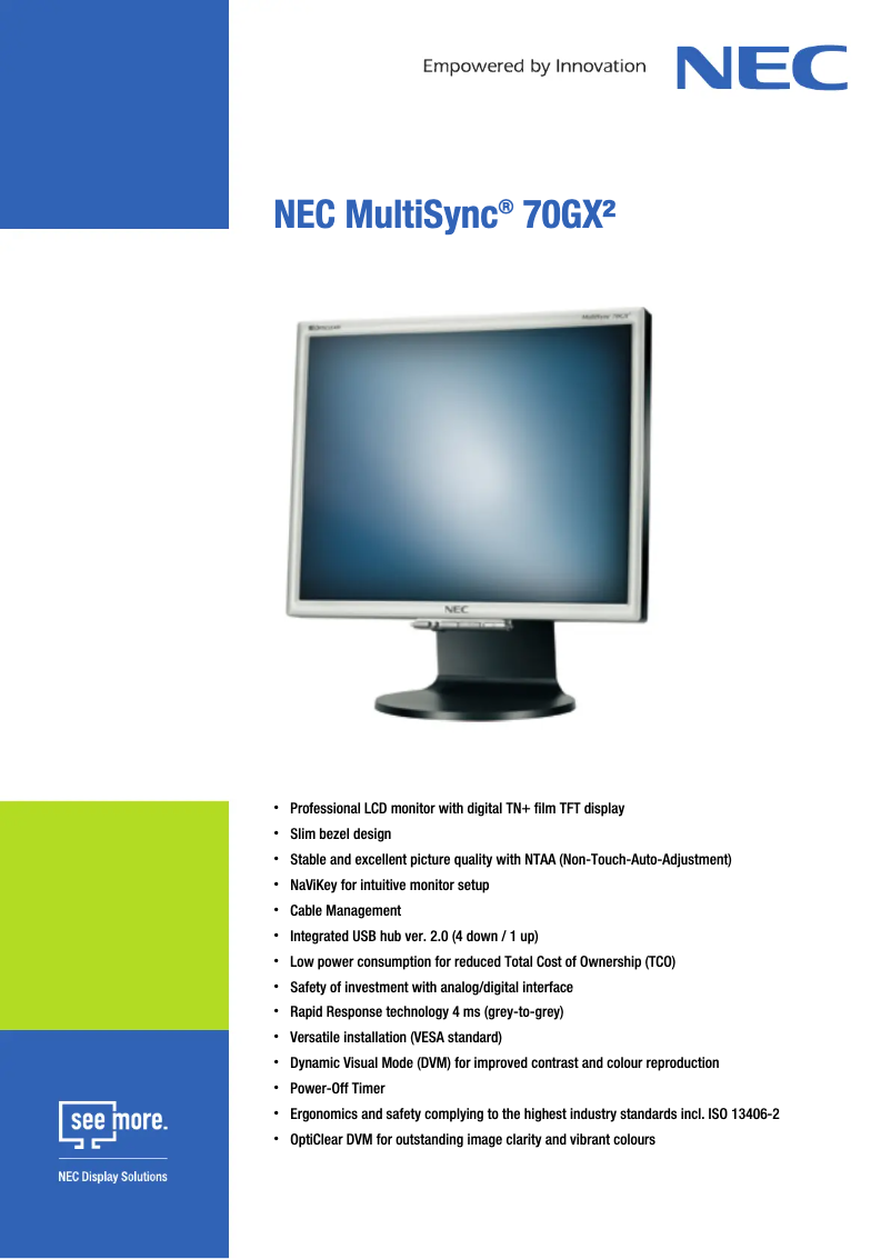 Page 1 of the manual Technical Sheet NEC MultiSync 70GX2