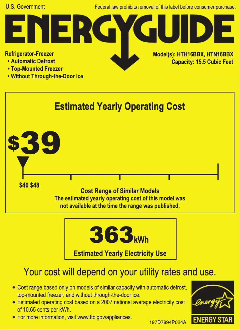 First page image of the manual for HTH16BBXLWW