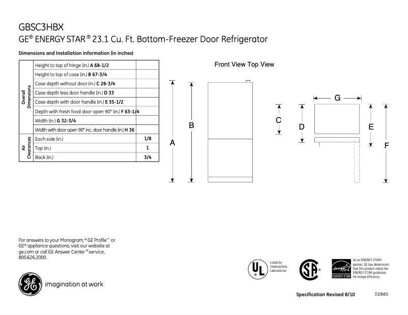 Page 1 of the manual Technical Sheet GE GBSC3HBXBB