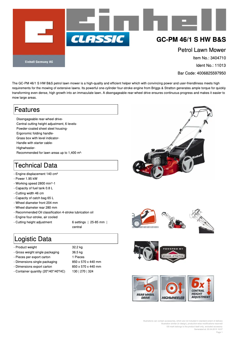 Page 1 of the manual Technical Sheet Einhell GC-PM 46/1 S HW B&S