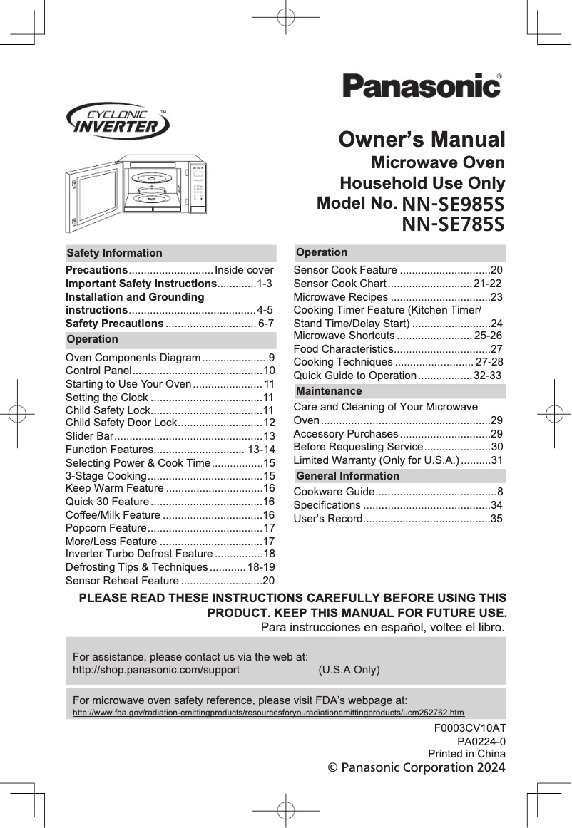 First page image of the manual for Cyclonic Inverter NN-SE785S