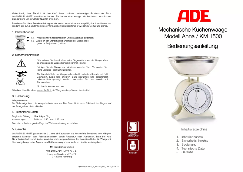 Page 1 of the manual User Manual ADE Anna KM 1500