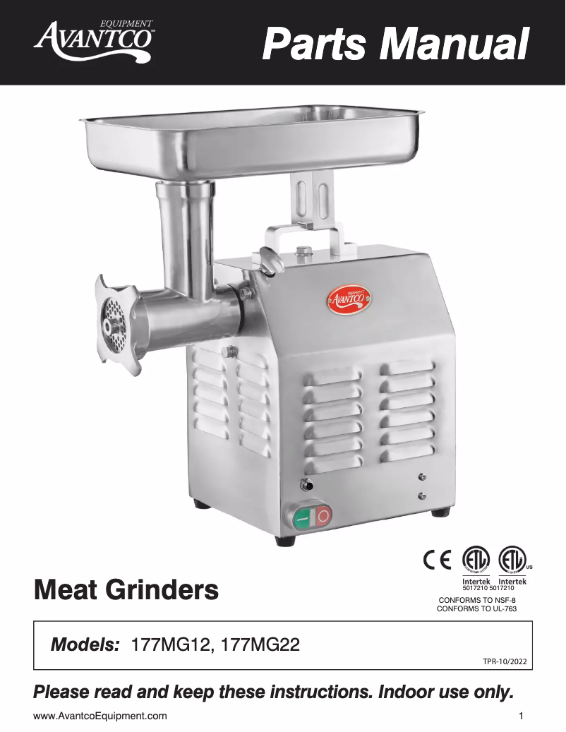 Page 1 of the manual User Manual Avantco MG22