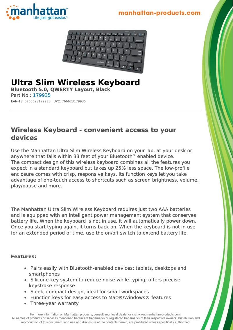 Page 1 of the manual Technical Sheet Manhattan Ultra Slim Wireless 179935