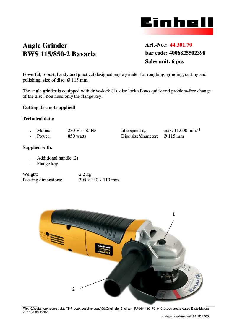 Image de la première page du manuel de l'appareil BWS 115/850-3