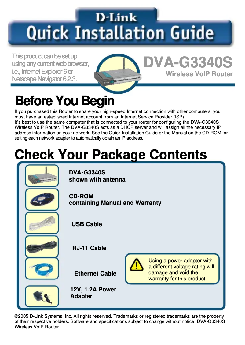 Page 1 of the manual Installation Guide D-Link DVA-G3340S