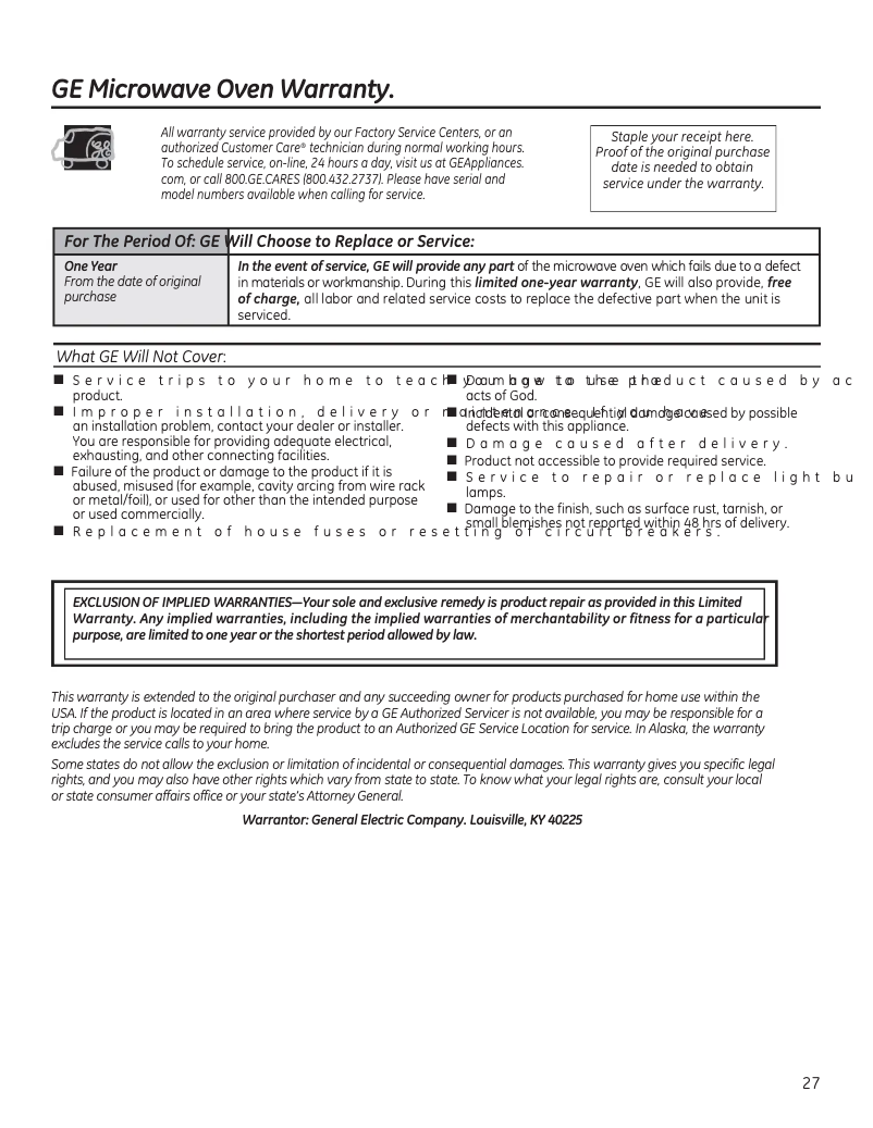 Page 1 of the manual Warranty Information GE JVM6175DKWW