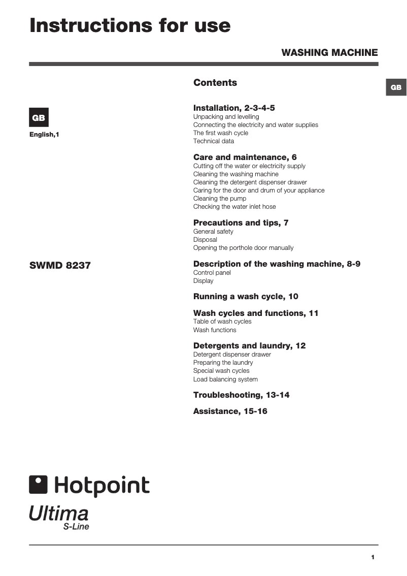 Page 1 of the manual User Manual Hotpoint SWMD8237