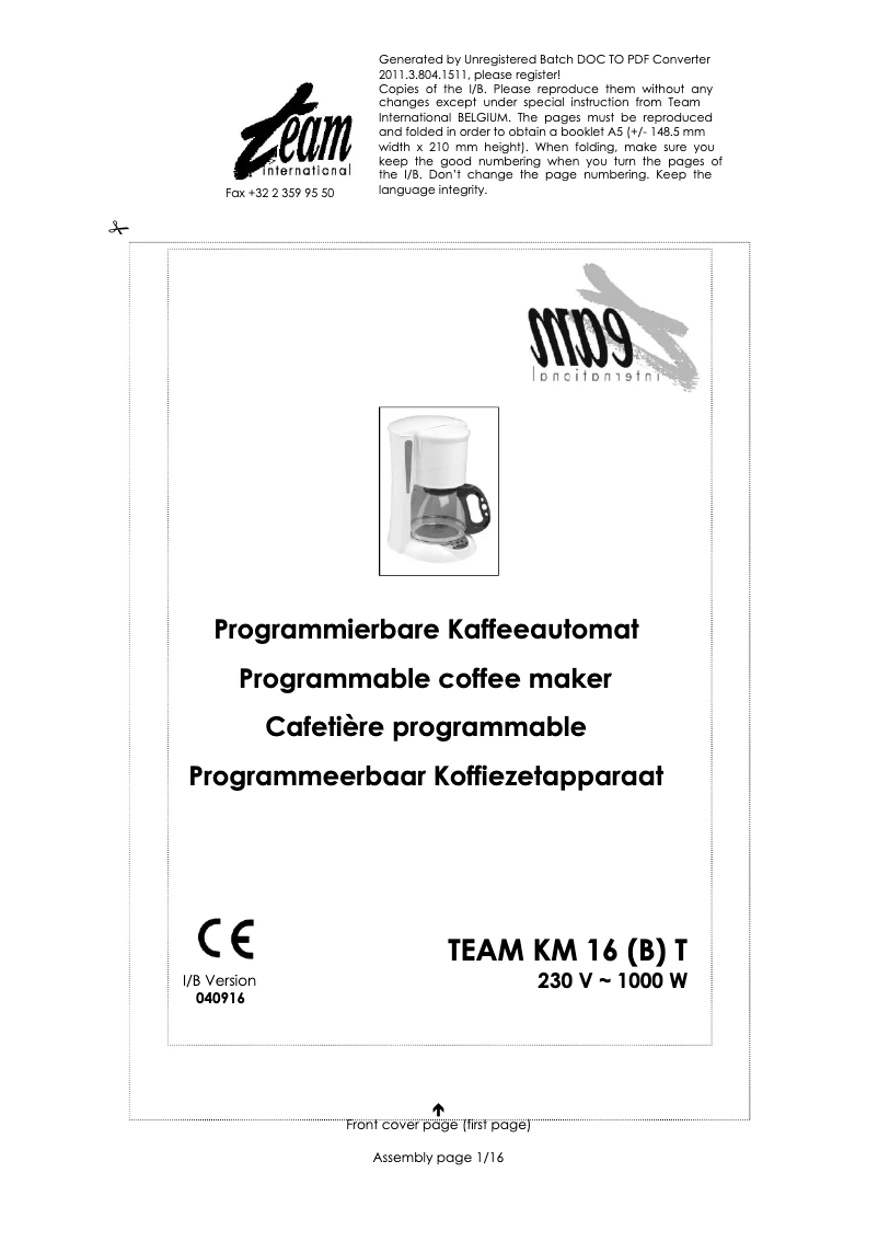 First page image of the manual for KM 16