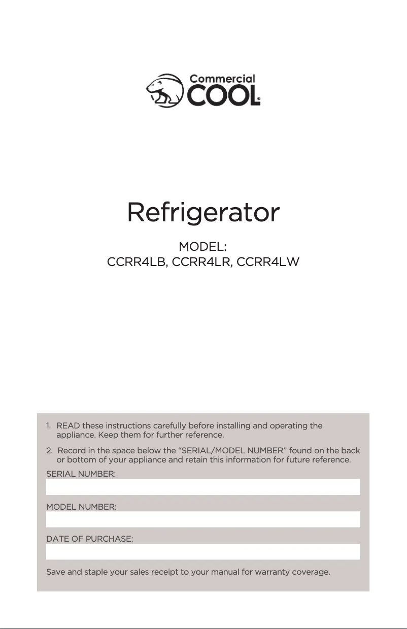 Page 1 of the manual User Manual Commercial Cool CCRR4LR