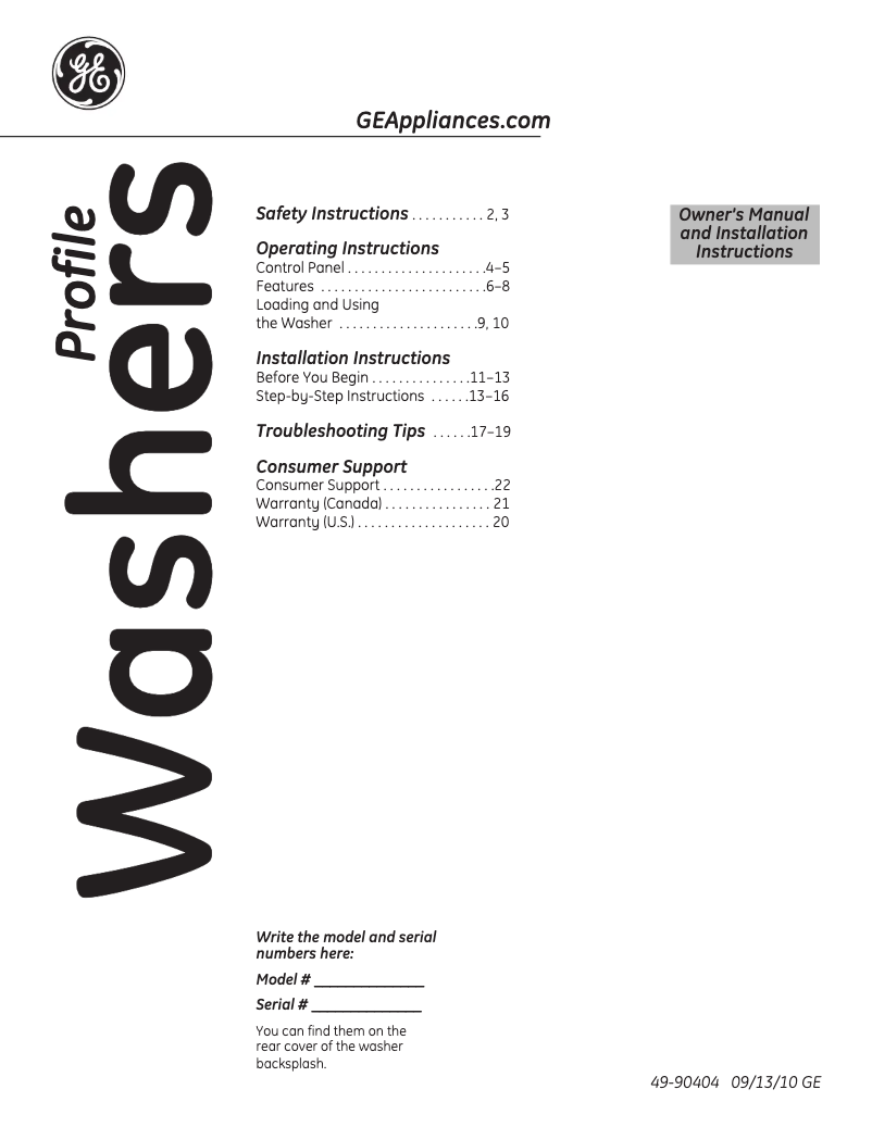 First page image of the manual for Harmony PTWN8050MWW