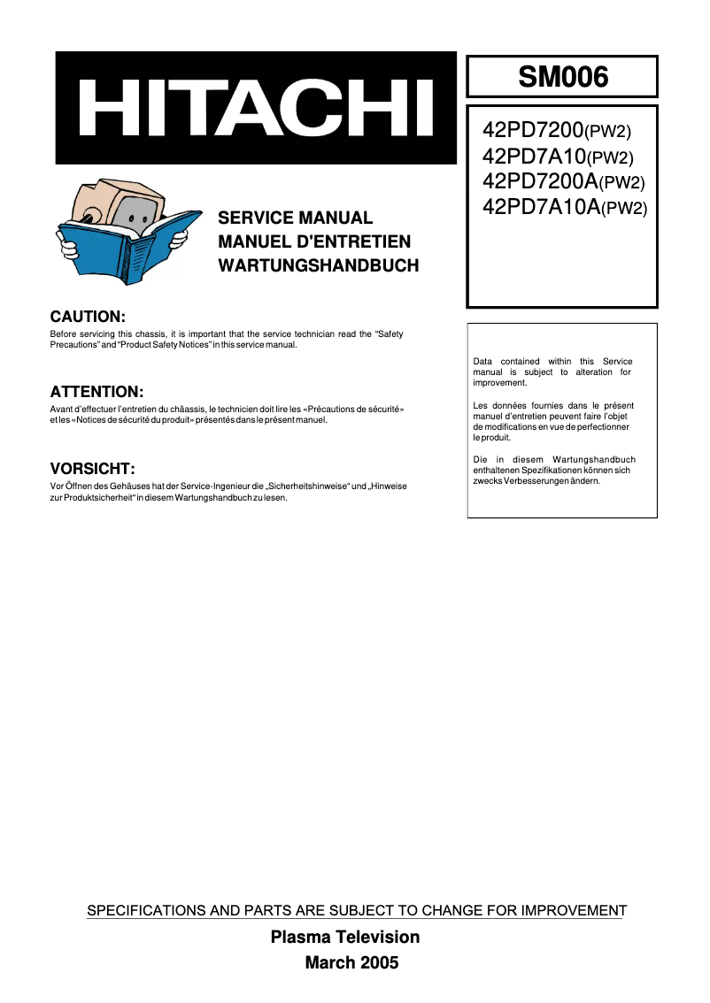 Page 1 of the manual User Manual Hitachi 42PD7200A