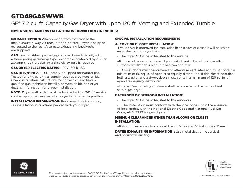 First page image of the manual for GTD48GASWWB