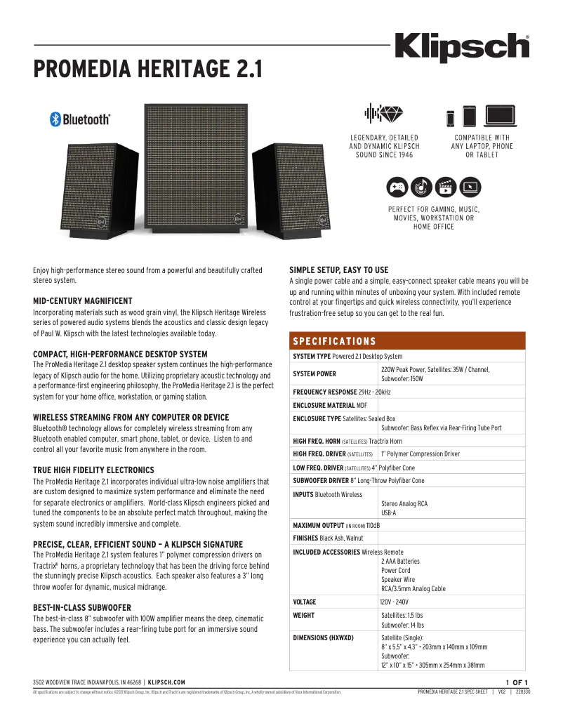 Page 1 of the manual Technical Sheet Klipsch Promedia Heritage 2.1