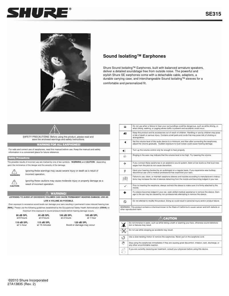 Page 1 of the manual User Manual Shure SE315