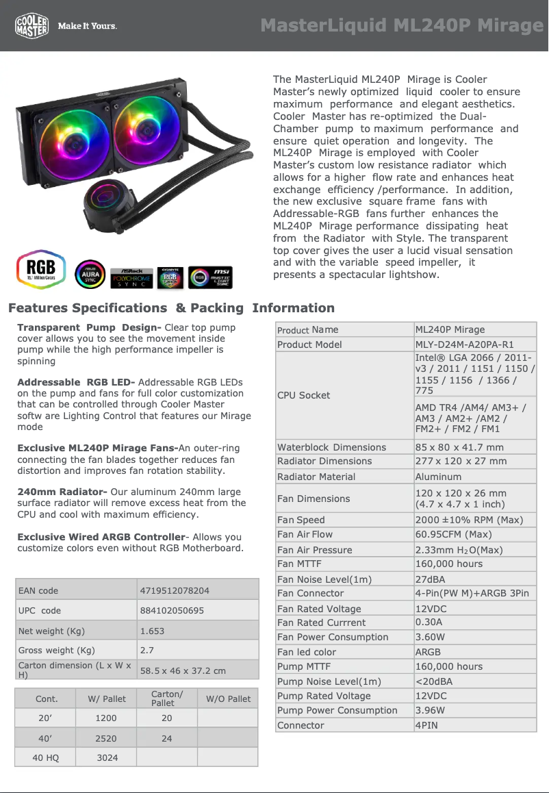 First page image of the manual for MasterLiquid ML240P Mirage