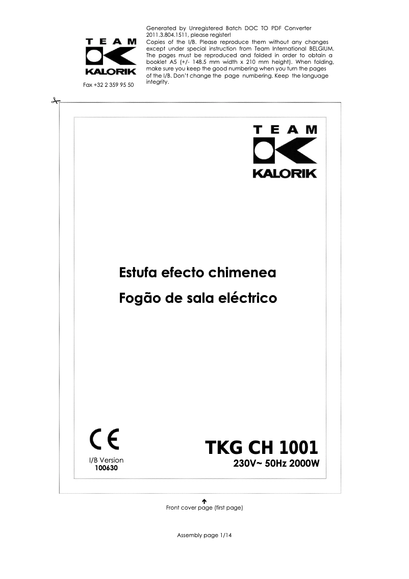 Page 1 of the manual User Manual Kalorik TKG CH 1001