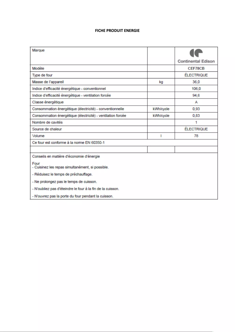 Page 1 of the manual Energy Label Continental Edison CEF78CB