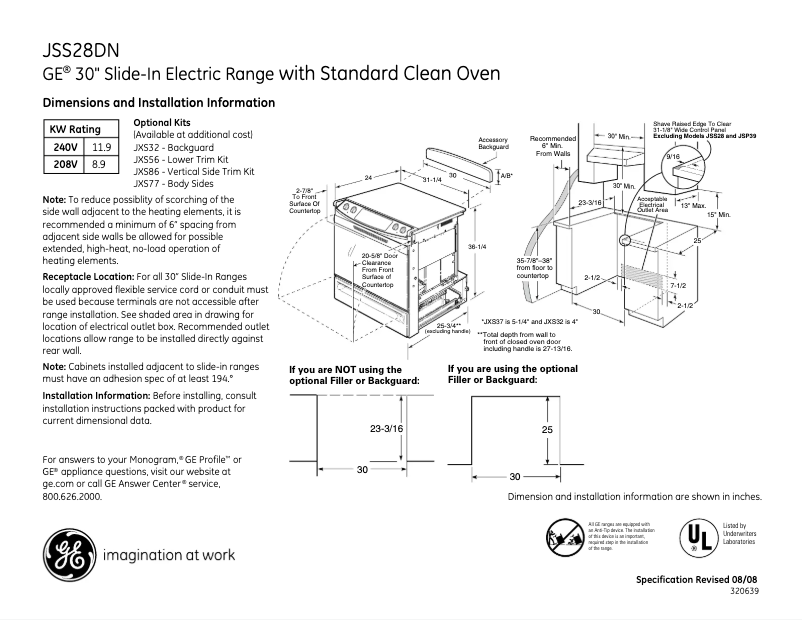 Page 1 of the manual Technical Sheet GE JSS28DNWW