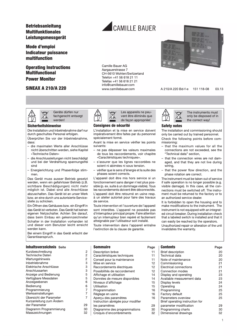 First page image of the manual for Sineax A212
