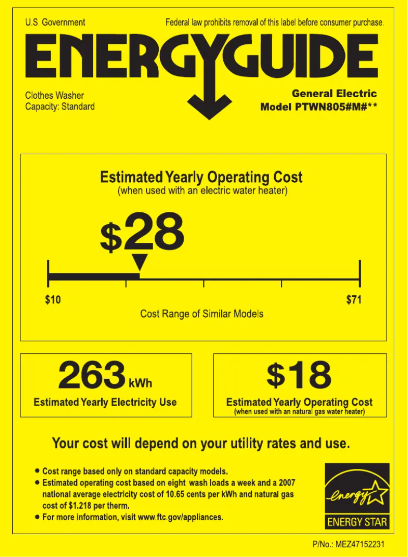 Page 1 of the manual Energy Label GE Harmony PTWN8050MWW