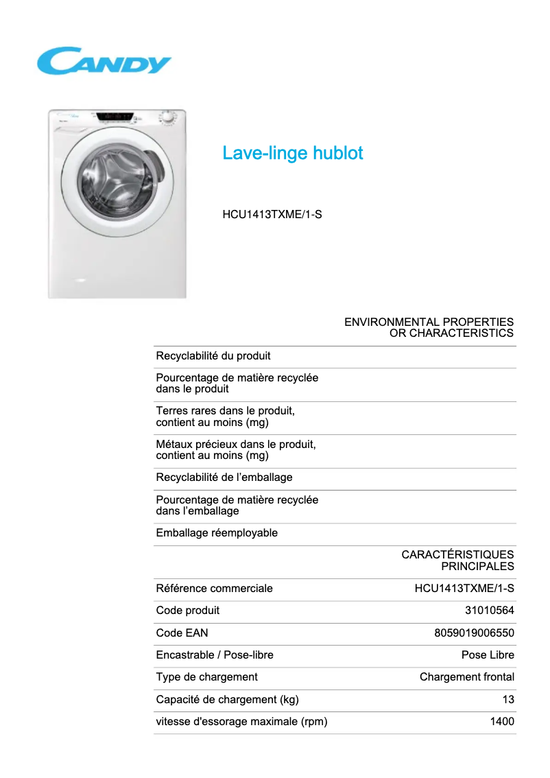 First page image of the manual for HCU1413TXME/1-S
