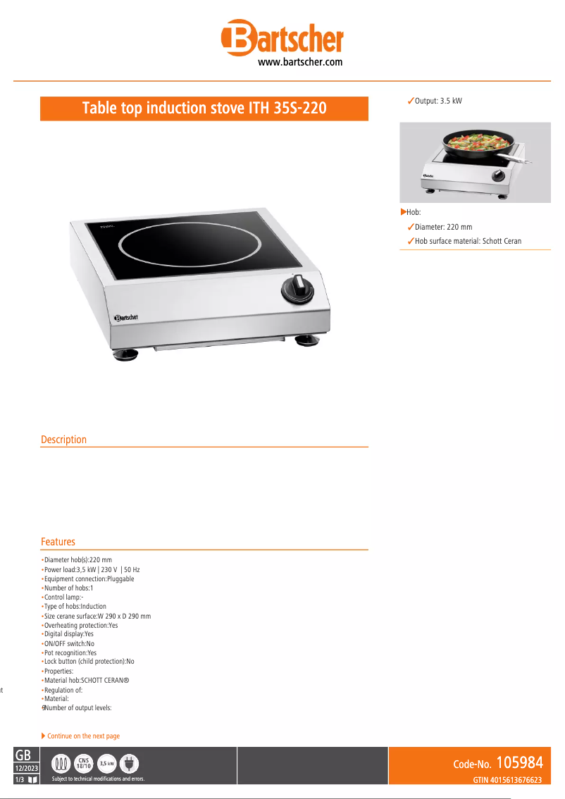 Page 1 of the manual Technical Sheet Bartscher ITH 35S