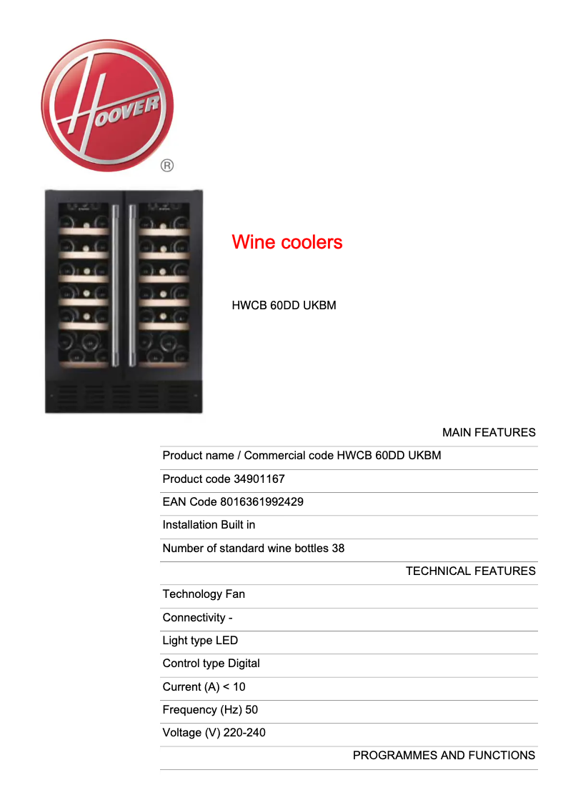 Page 1 of the manual Technical Sheet Hoover HWCB 60DD UKBM