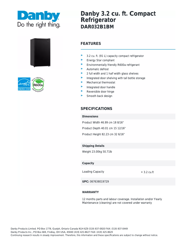Page 1 of the manual Technical Sheet Danby DAR032B1BM