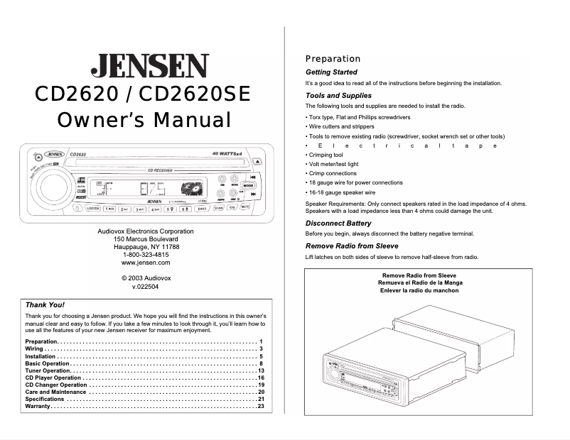 First page image of the manual for CD2620