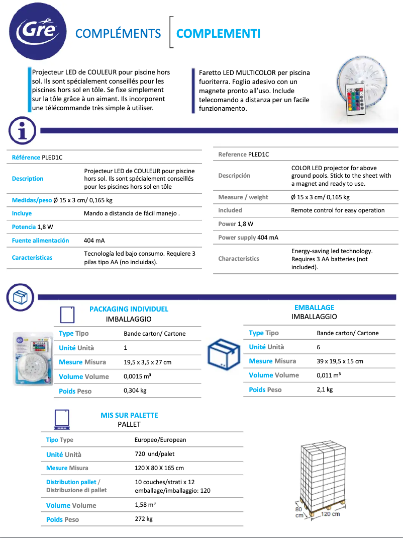 Page 1 of the manual Technical Sheet Gre PLED1C