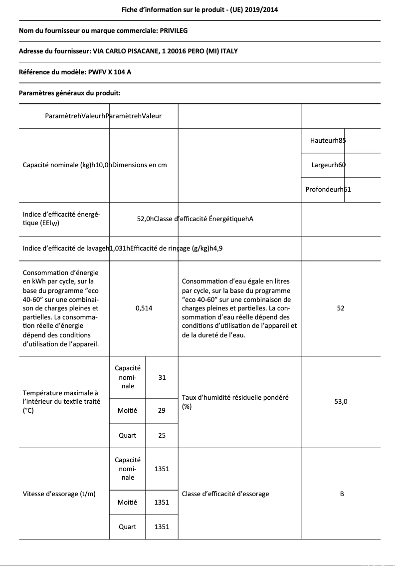 First page image of the manual for PWFV X 104 A