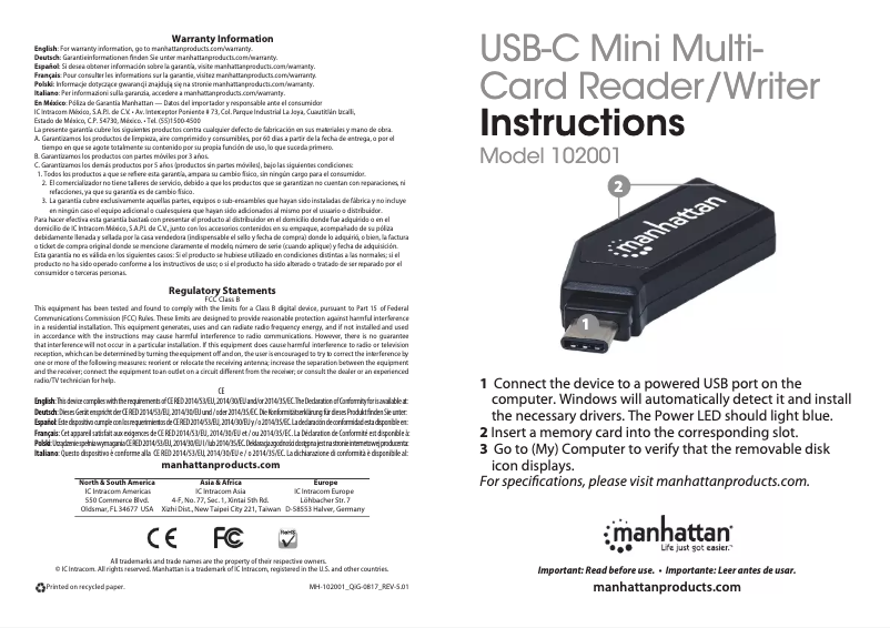 First page image of the manual for 102001