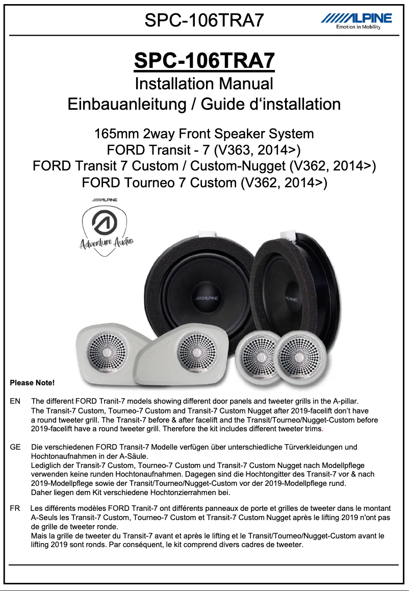 Page 1 of the manual User Manual Alpine SPC-106TRA7