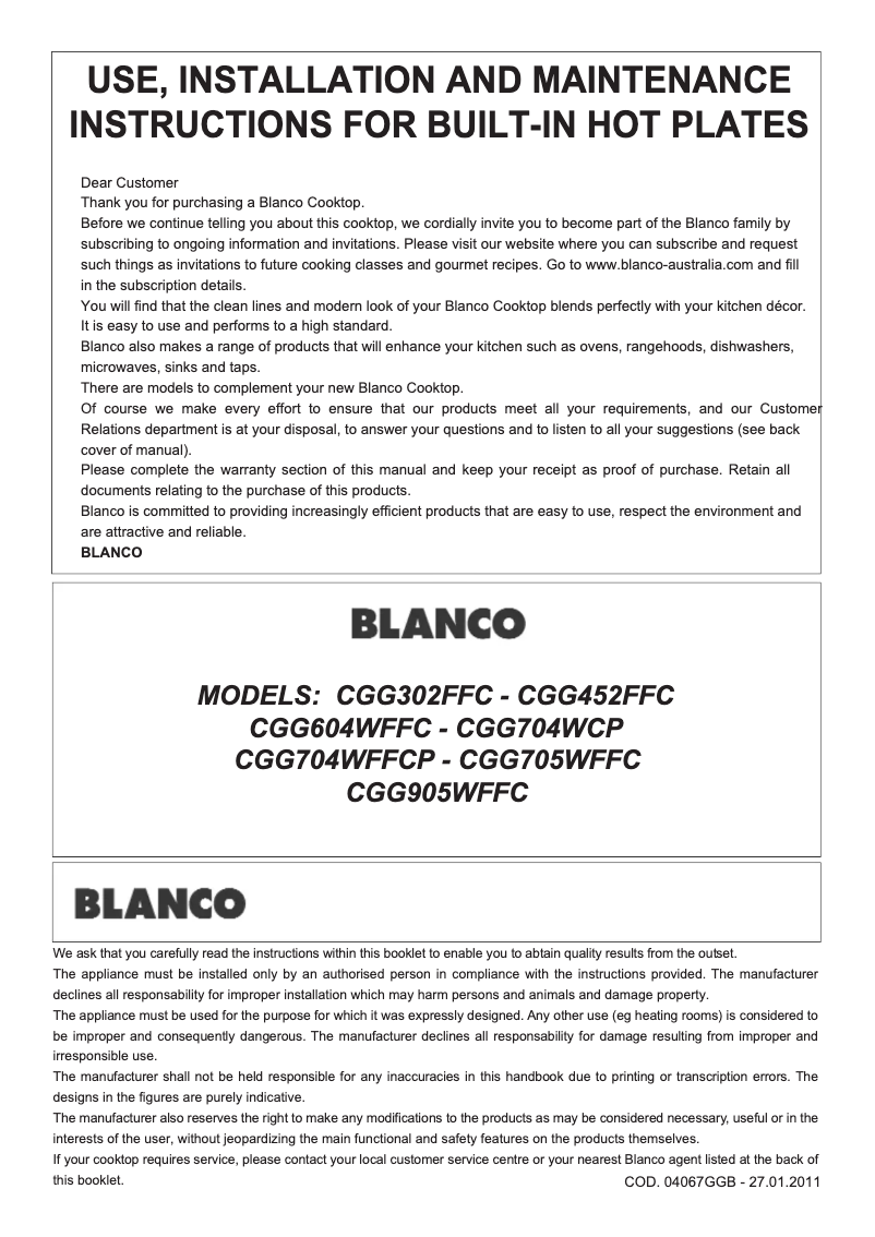 Page 1 of the manual User Manual BLANCO CGG452FFC