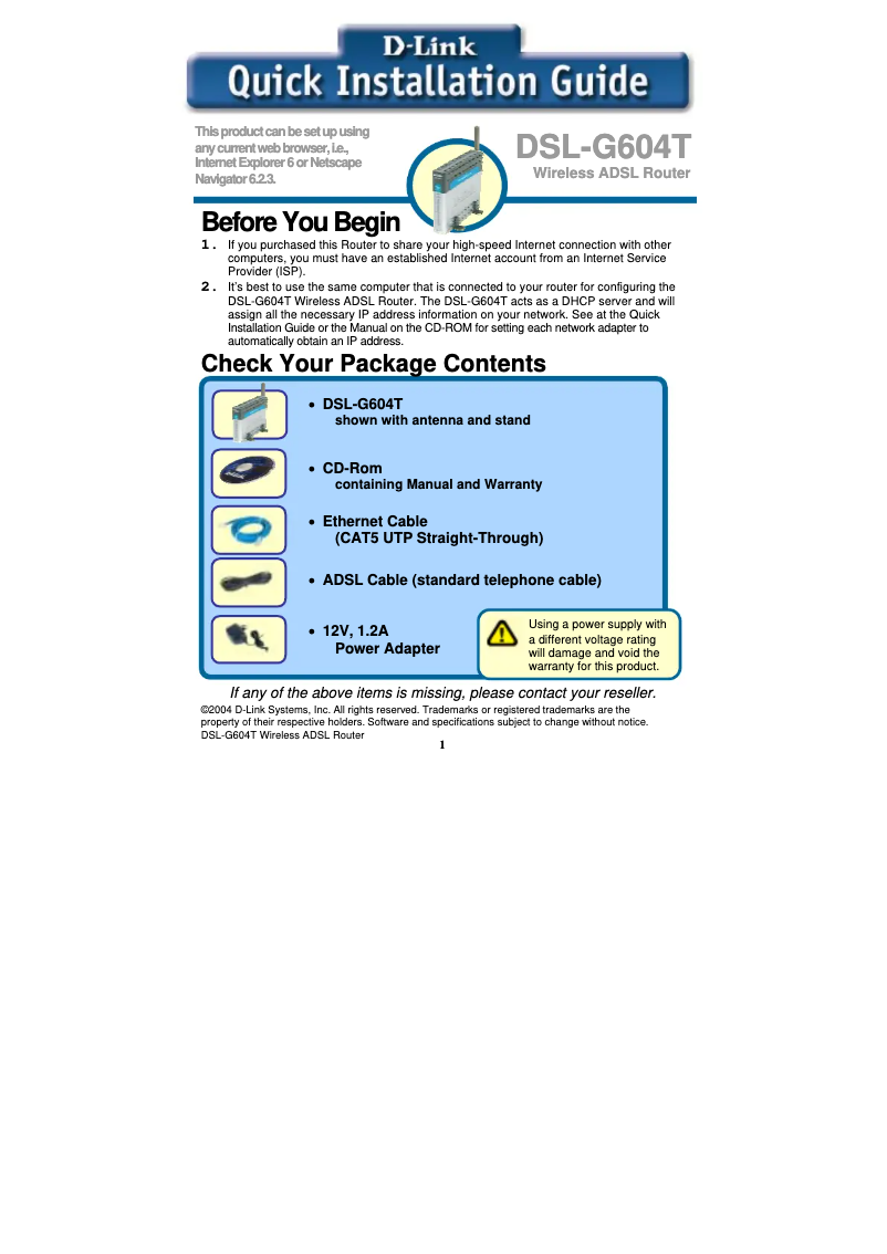 Page 1 of the manual Installation Guide D-Link DSL-904