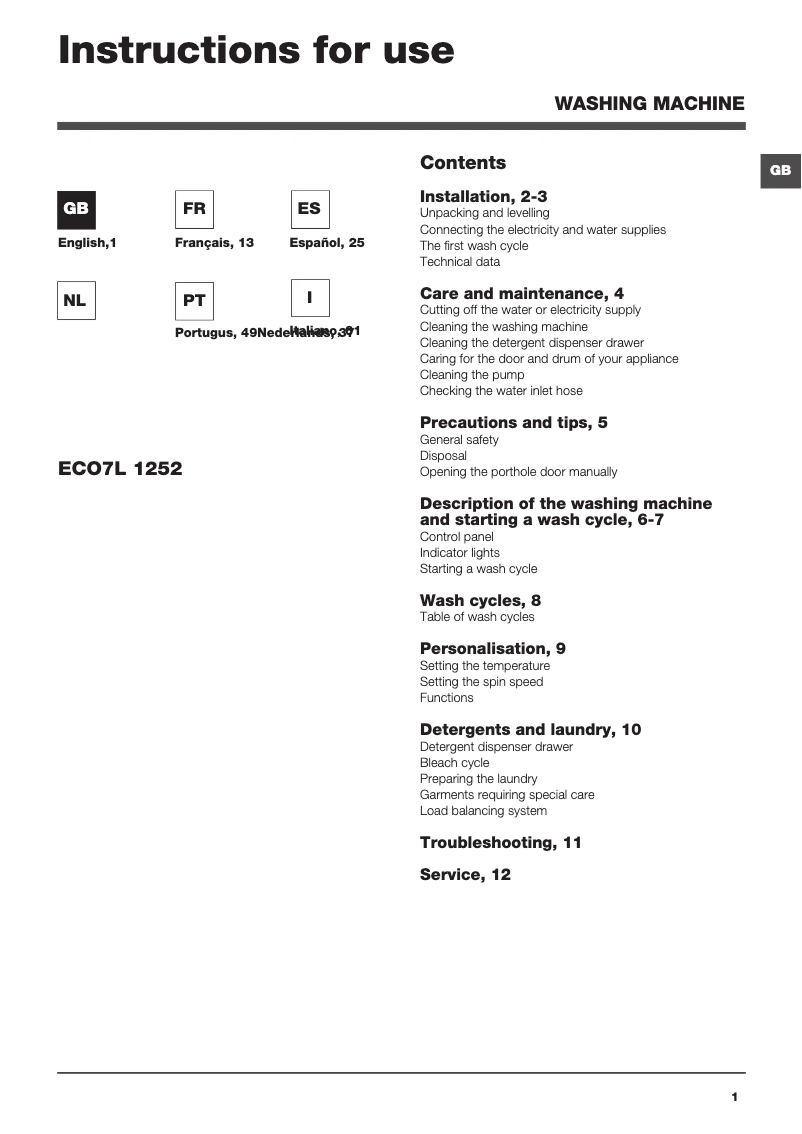 First page image of the manual for ECO7L 1252 EU.T