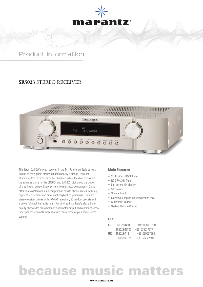 Page 1 of the manual Technical Sheet Marantz SR5023