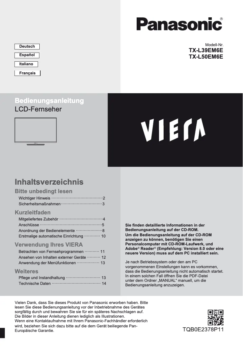 Page 1 of the manual Quick Start Guide Panasonic TX-L39EM6