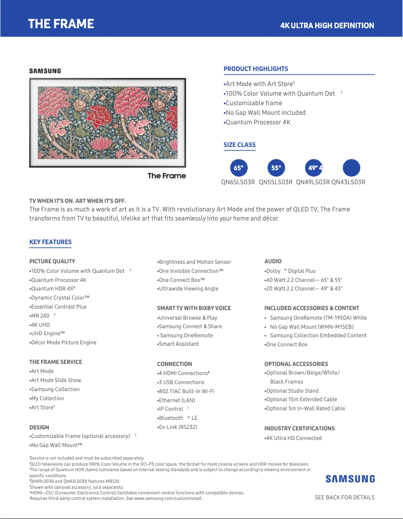 Page 1 of the manual Technical Sheet Samsung The Frame QN65LS03RAFXZA