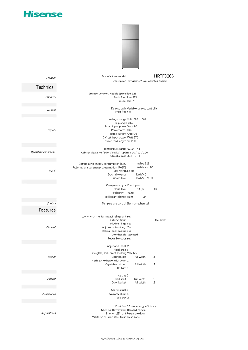 Page 1 of the manual Technical Sheet Hisense HRTF326S