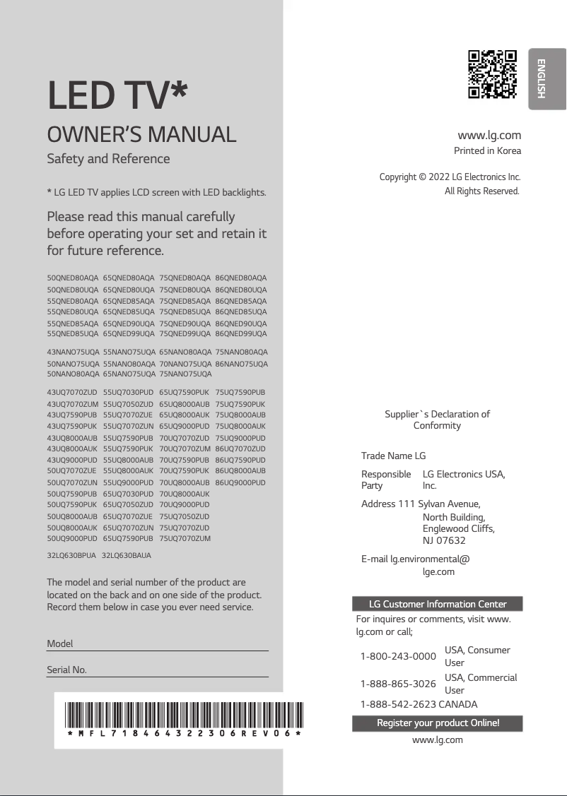 First page image of the manual for 75QNED85AQA