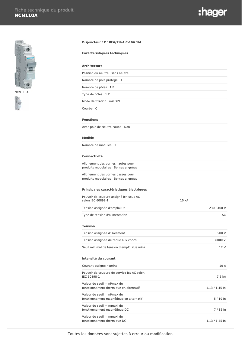 Page 1 of the manual User Manual Hager NCN110A