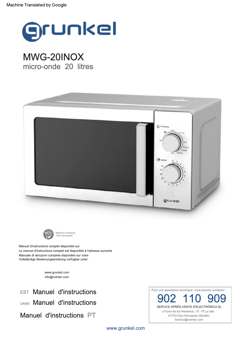 First page image of the manual for MWG-20INOX