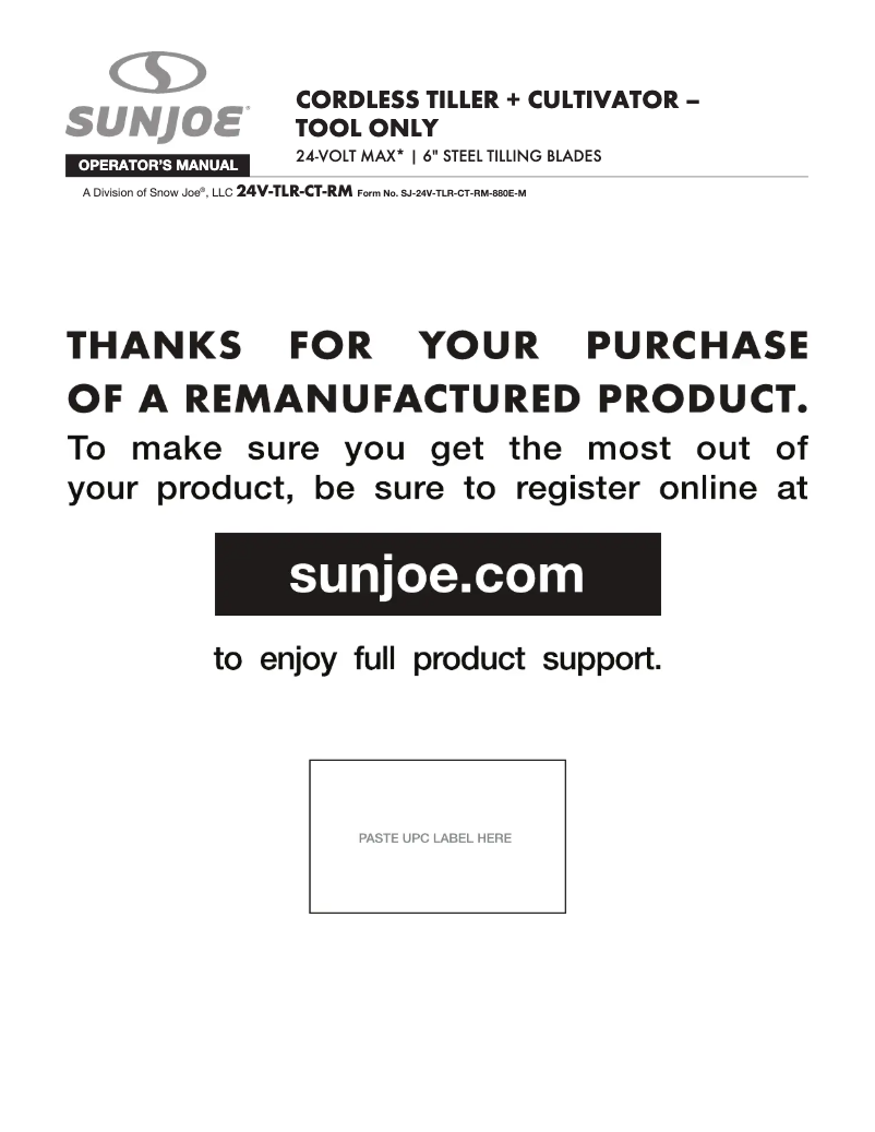 Page 1 of the manual User Manual Sun Joe 24V-TLR-CT-SJG-RM