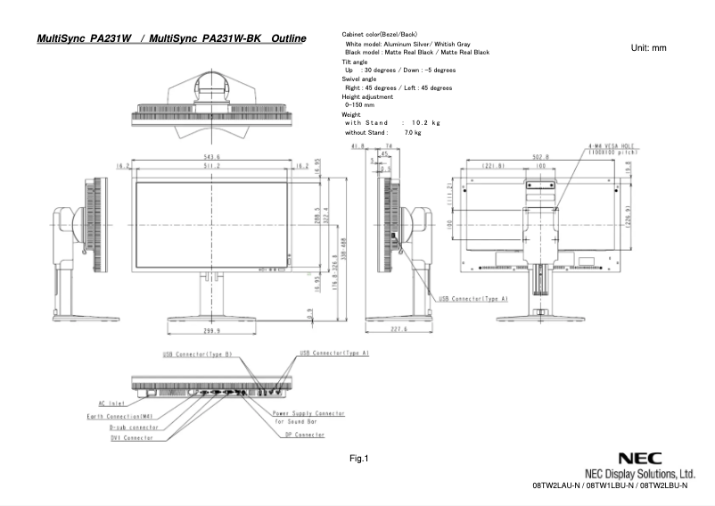 First page image of the manual for MultiSync PA231W